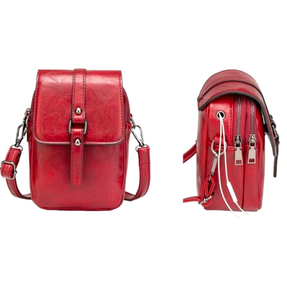 Women's Vintage Style Red Leather Crossbody Cell Phone Bag W/Tassel Decoration - Picture 2 of 7